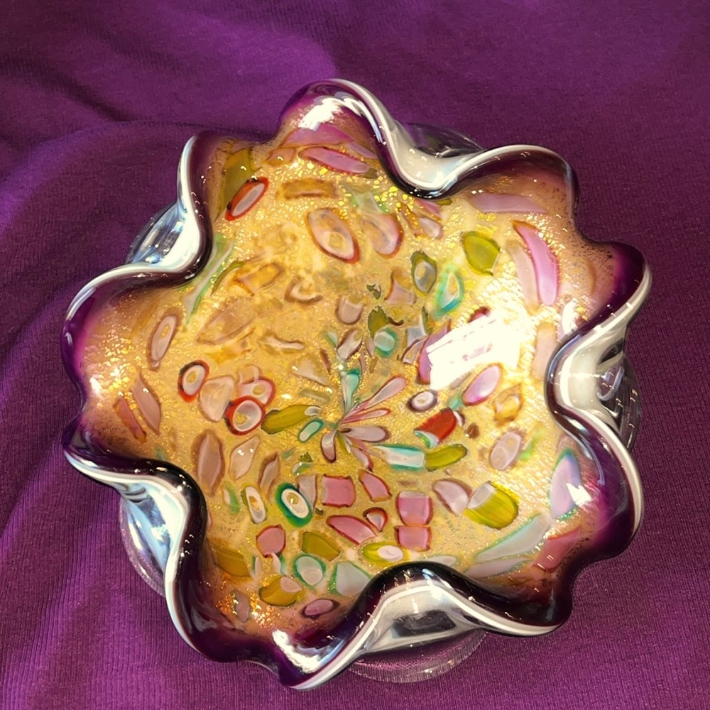 Vintage Murano Gold Aventurine Tutti Frutti Handkerchief Bowl Ashtray Circa 1960